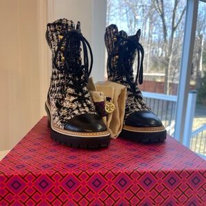 Tory Burch Miller 60MM Lug Sole Bootie Striped Tweed Size 6 Woman